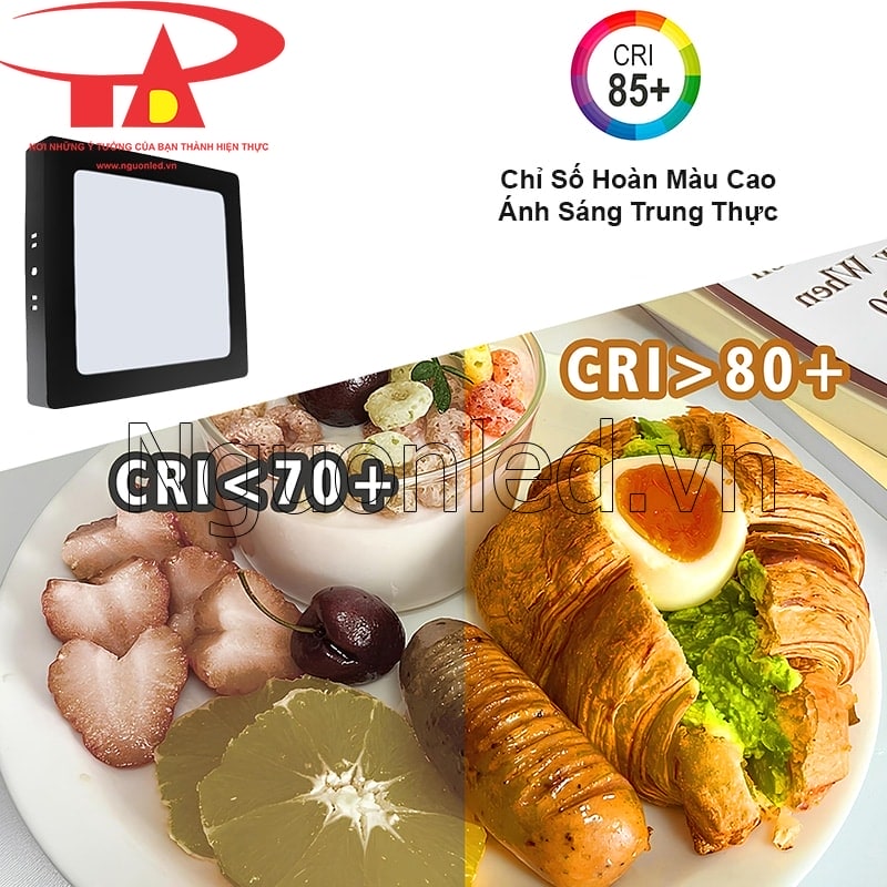 CRI ≥ 80Ra giúp đèn LED ốp trần vuông tái tạo sắc màu vàng chân thực