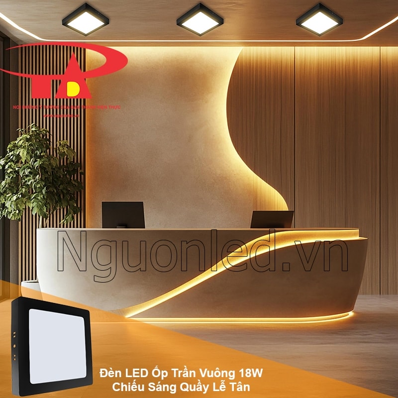 Đèn LED vuông ốp trần định hình ấn tượng thương hiệu tại quầy lễ tân sang trọng