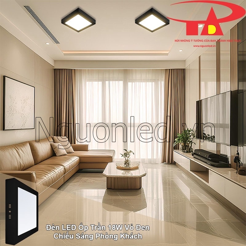 Đèn LED ốp trần phòng khách với ánh sáng vàng ấm, tạo không gian sang trọng, tinh tế