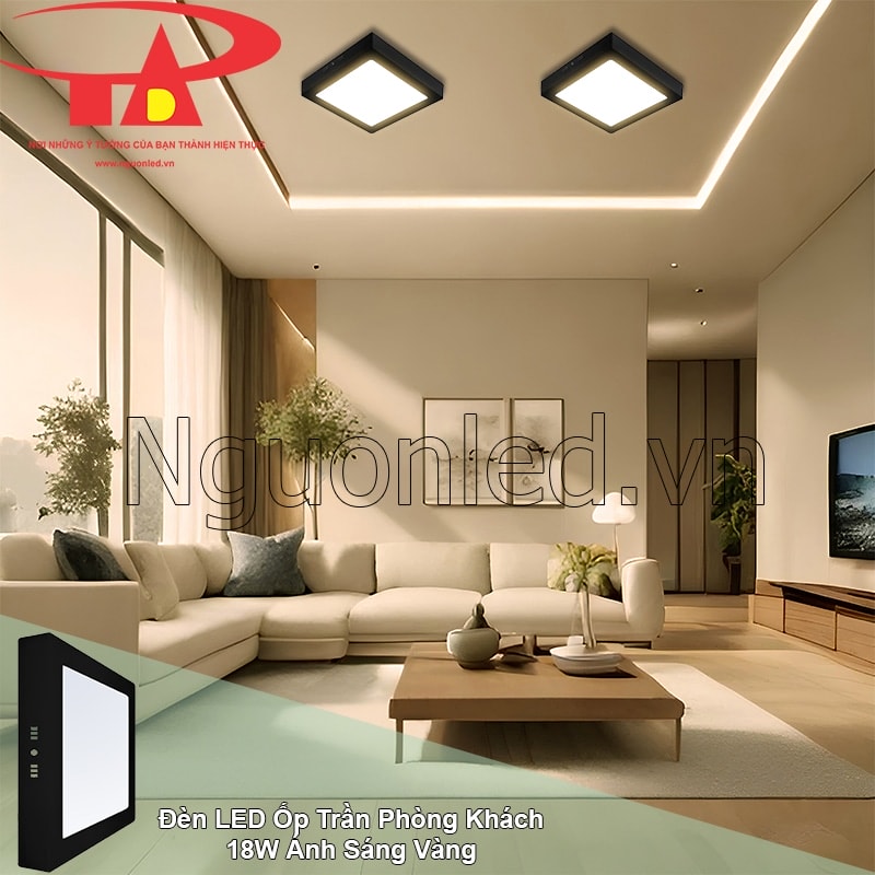 Đèn LED ốp trần vuông vỏ đen làm nổi bật chi tiết nội thất phòng khách hiện đại