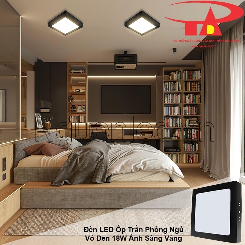 Đèn LED ốp trần vuông 18W vỏ đen tăng vẻ ấm cúng cho nội thất gỗ phòng ngủ