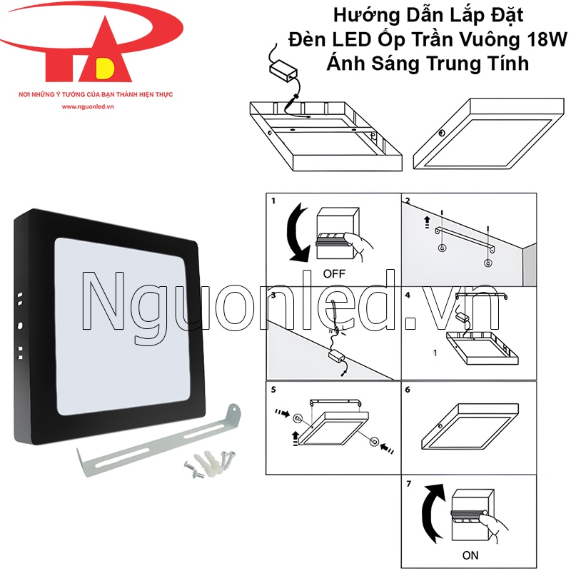 Cách lắp đặt đèn led ốp trần vuông viền đen 18W