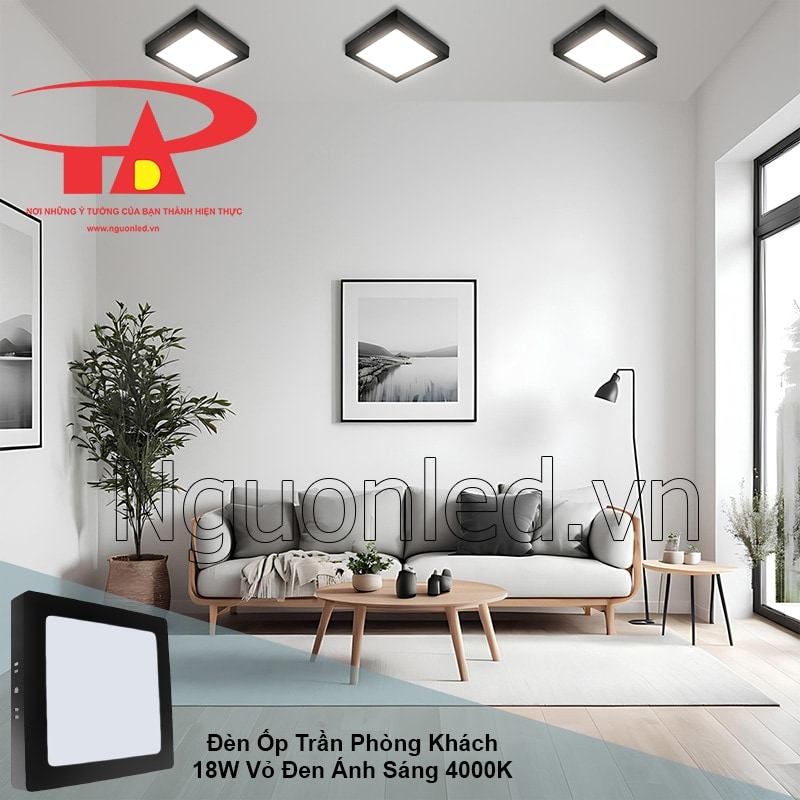 Đèn led ốp trần phòng khách tạo không gian hiện đại, có chiều sâu