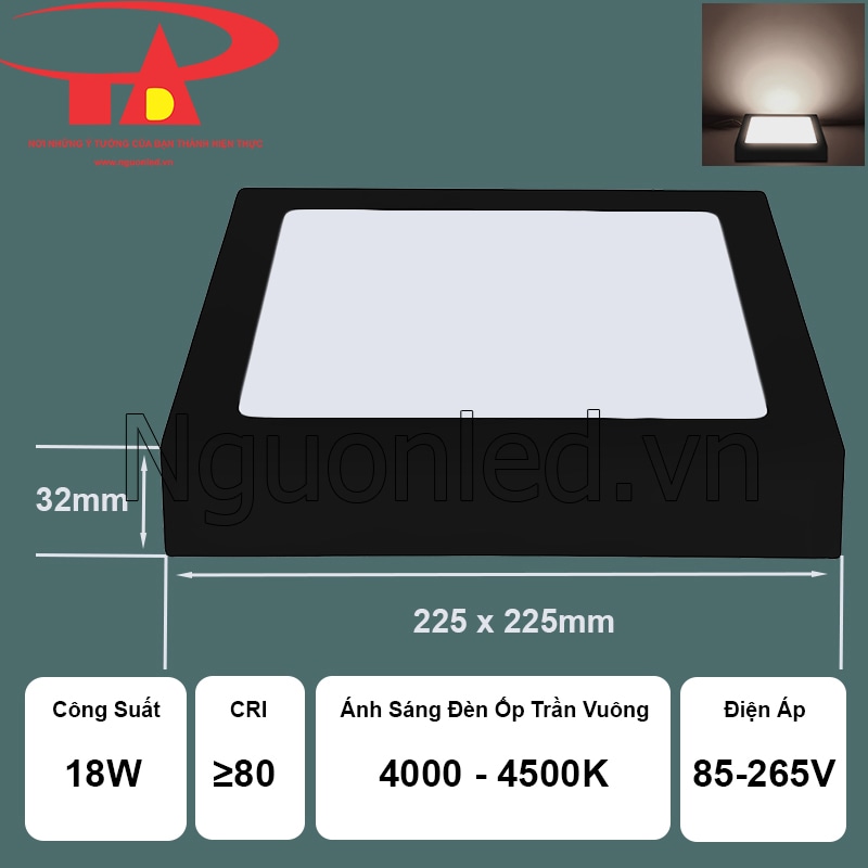 Thiết kế vuông vắn tinh tế của đèn led vuông ốp trần vỏ đen