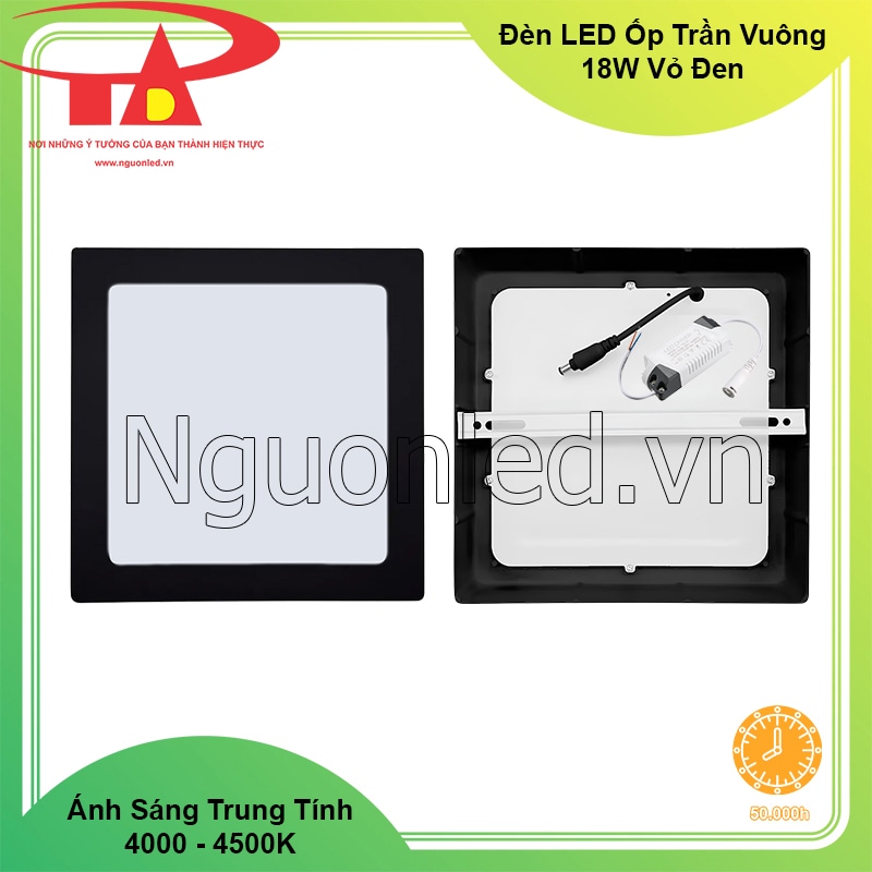 Đèn LED ốp trần vuông 18W độ bền 50.000 giờ, vận hành ổn định