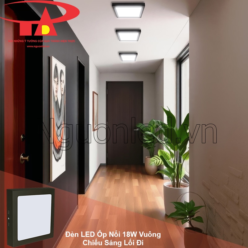 Ánh sáng định hướng rõ ràng trong lối đi nhờ hệ đèn led ốp trần vuông viền đen