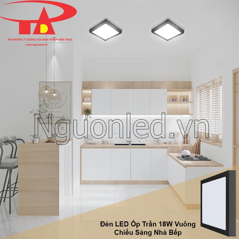 Gian bếp sạch gọn được chiếu sáng đồng đều bằng đèn led ốp trần vuông