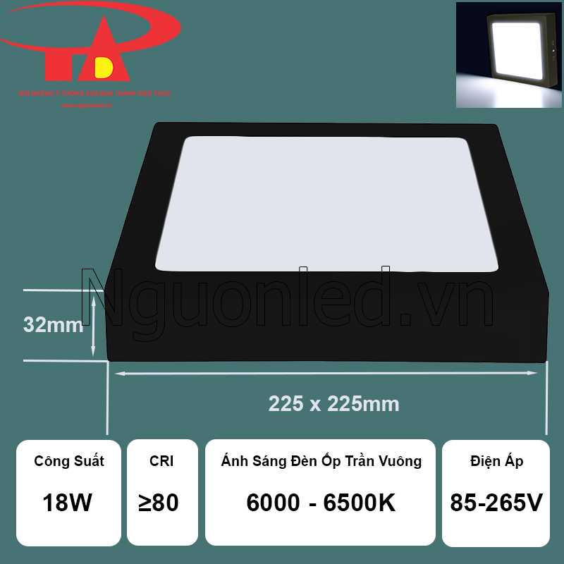 Đèn vuông ốp trần với thân hợp kim nhôm đen mờ tinh tế phù hợp nội thất hiện đại