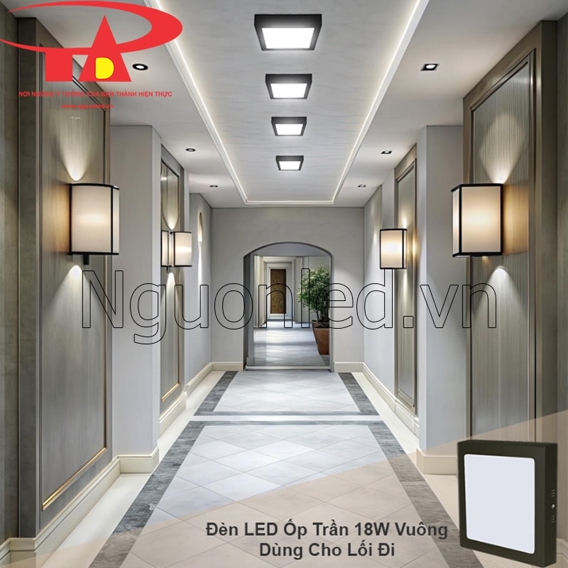 Hành lang dài an toàn và sáng rõ với đèn led ốp trần nổi gắn đều trần