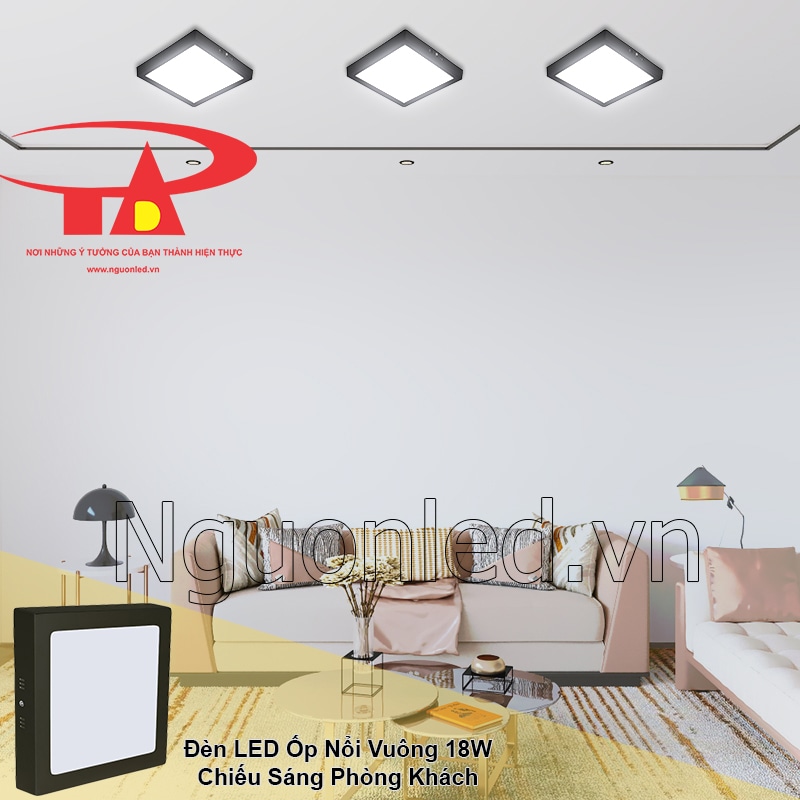 Ánh sáng trắng lan tỏa đều trong phòng khách nhờ đèn led vuông ốp trần