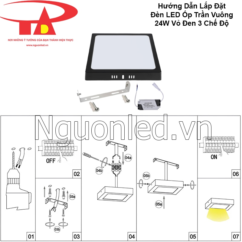 Hướng dẫn lắp đặt an toàn cho đèn led ốp trần nổi vuông viền đen 24W 3 màu