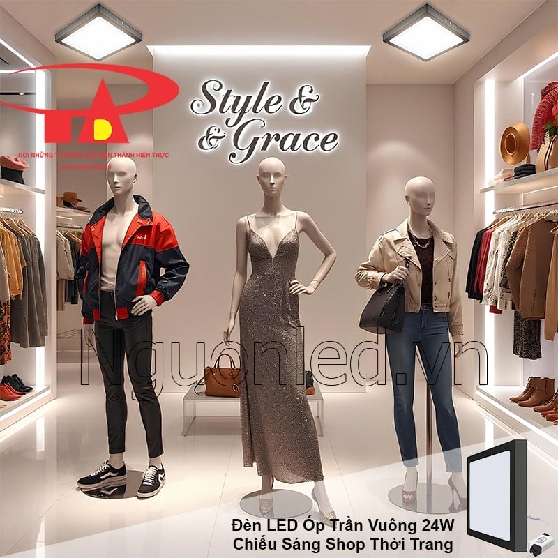 Shop thời trang đẹp rực rỡ khi đèn led ốp nổi vuông viền đen tôn màu sắc trang phục