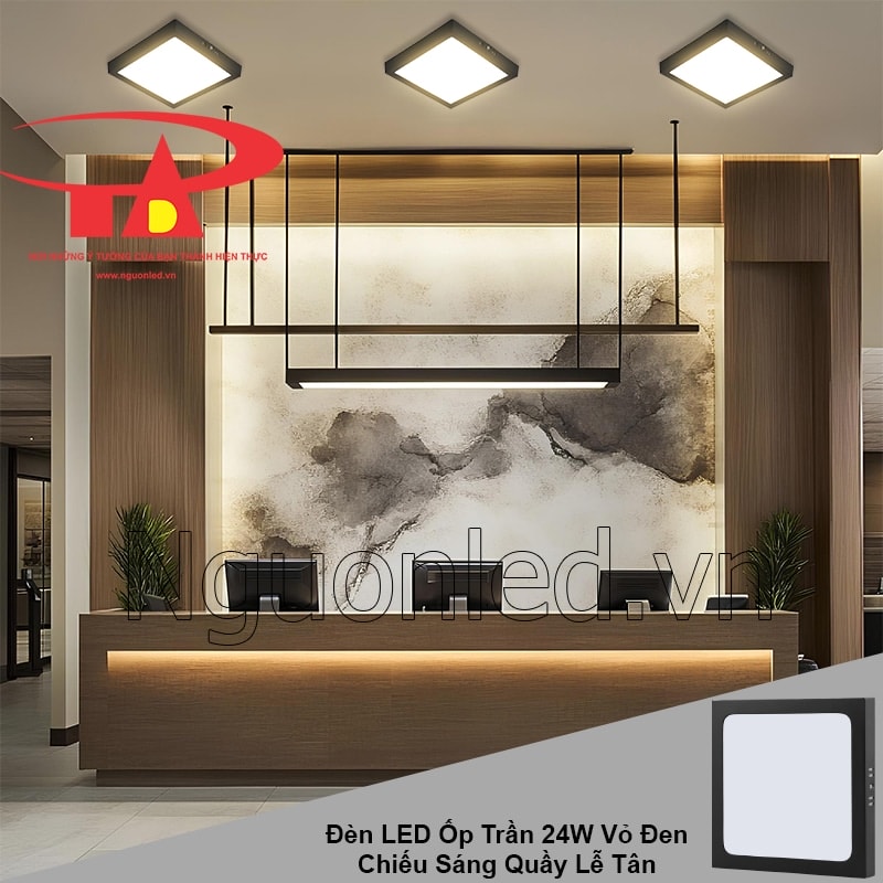 Ánh sáng đèn led ốp trần giúp không gian lễ tân sang trọng và thể hiện phong cách thương hiệu