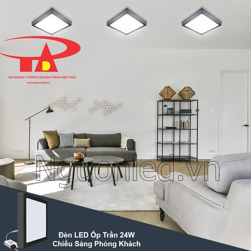 Không gian phòng khách hài hòa với ánh sáng trung tính từ đèn led ốp trần vuông viền đen 24W