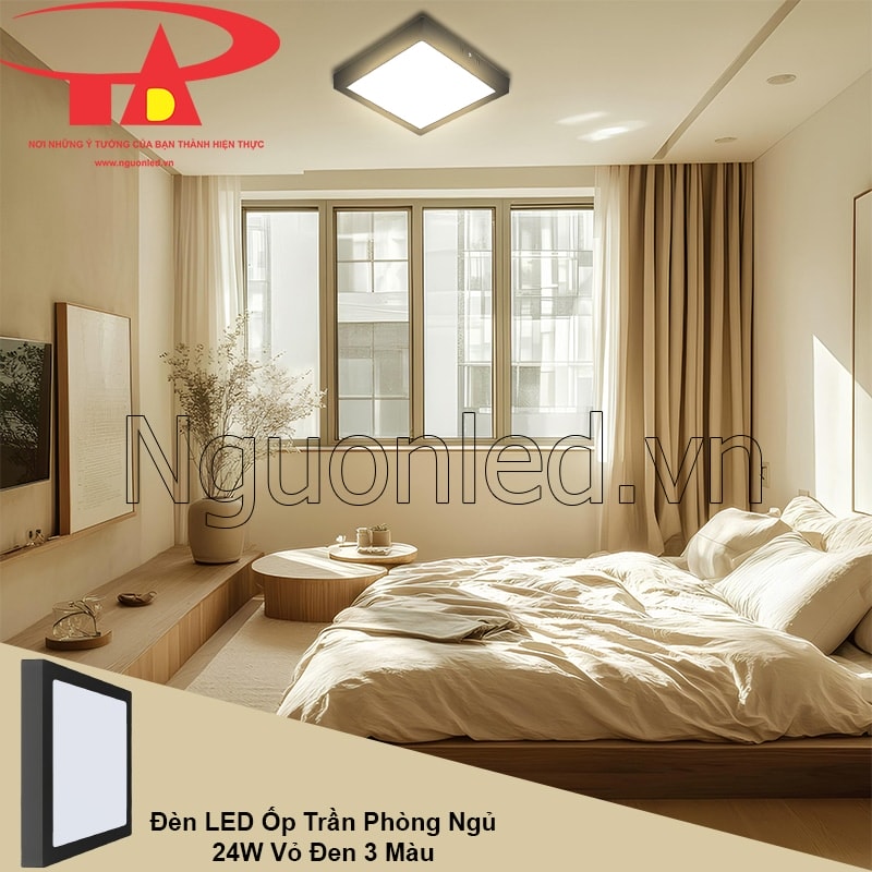 Phòng ngủ thư giãn hơn khi dùng đèn ốp trần vuông 24W 3 chế độ ánh sáng dịu nhẹ