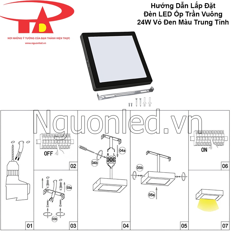 Cách lắp đặt đèn led ốp trần vuông 24W vỏ đen đơn giản