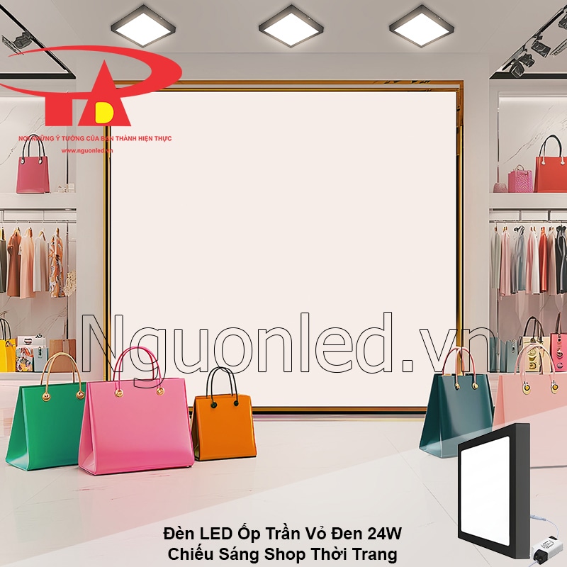 Đèn LED ốp trần vuông 24W vỏ đen làm nổi bật sản phẩm trưng bày trong shop thời trang