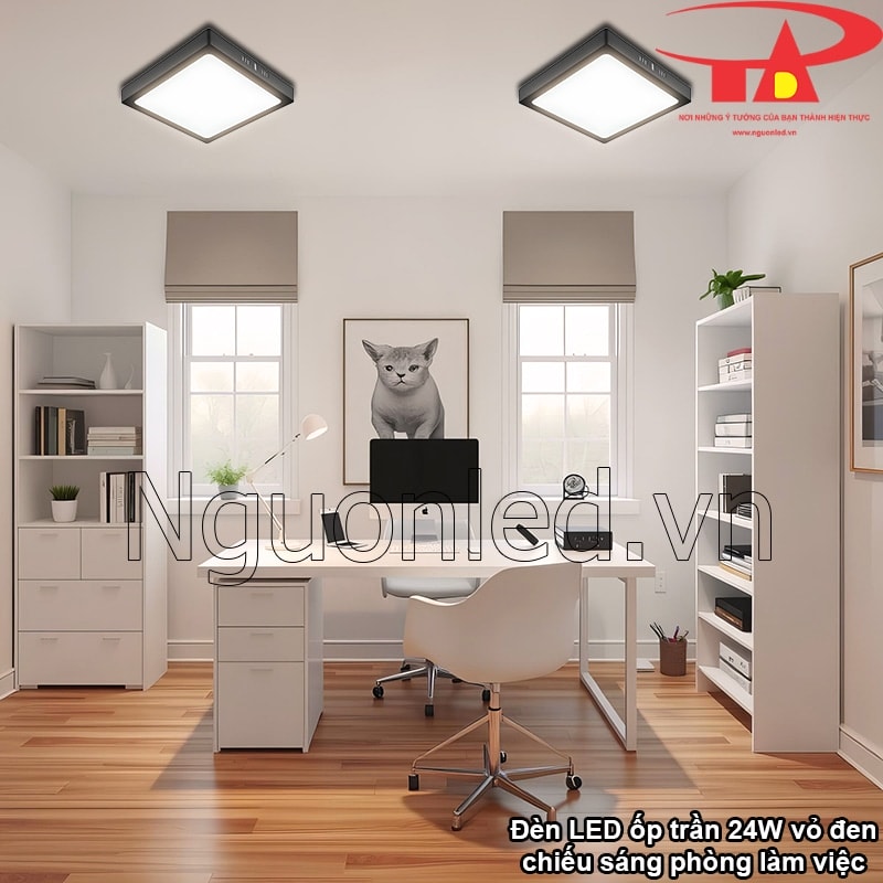 Đèn LED ốp trần vuông 24W vỏ đen cung cấp ánh sáng ổn định, giảm mỏi mắt khi làm việc lâu