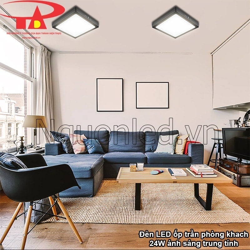 Đèn LED ốp trần vuông 24W vỏ đen tạo điểm nhấn hiện đại cho không gian phòng khách
