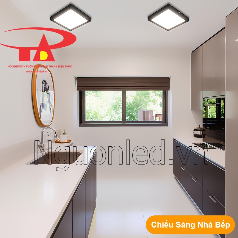 Thiết kế gọn gàng của đèn LED ốp trần vuông phù hợp với trần nhà bếp hiện đại
