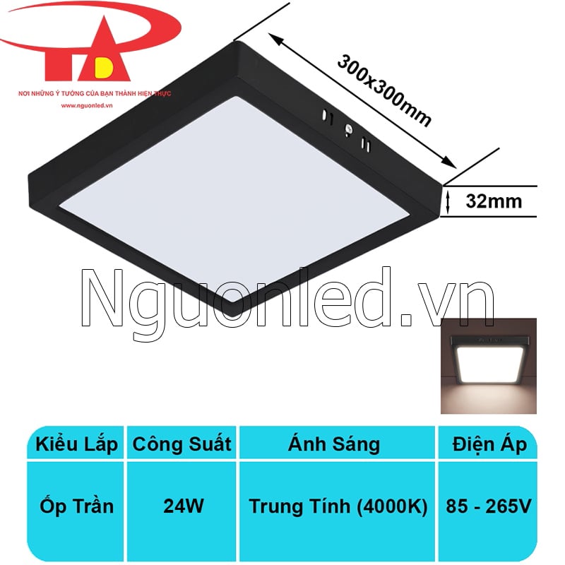 Thiết kế vuông vức, gắn nổi của đèn LED ốp trần vuông 24W vỏ đen giúp lắp đặt nhanh chóng
