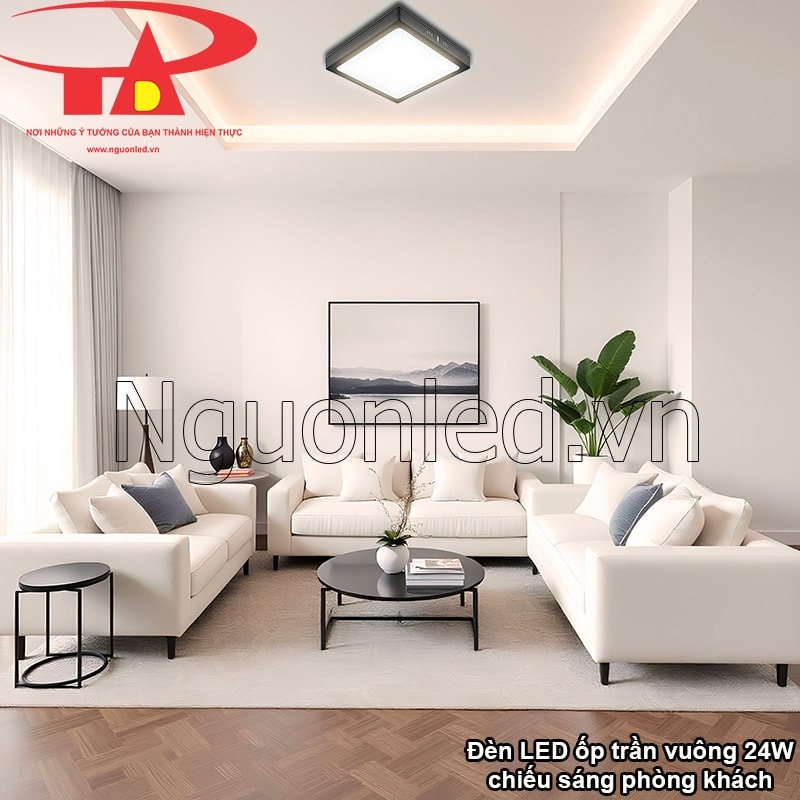 Ánh sáng trung tính 4000K từ đèn LED ốp trần vuông mang lại cảm giác ấm cúng cho phòng khách