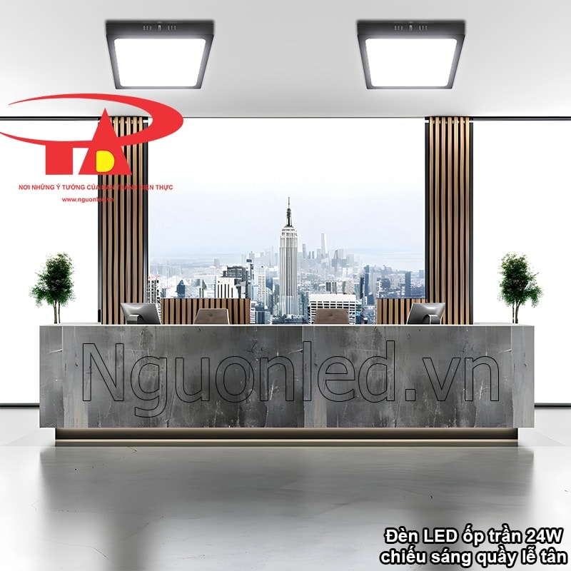 Đèn LED vuông nổi bật giúp khu vực tiếp đón luôn sáng rõ và chỉn chu