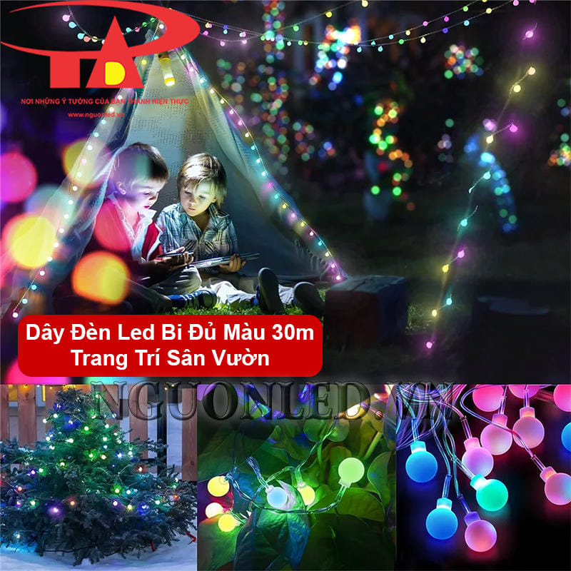 Dây đèn led bi 30m nháy nhiều màu dùng cho khu vực sân vườn