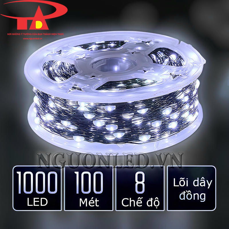 Cuộn đèn led đom đóm 100m màu trắng với 1000 chip led siêu sáng, 8 chế độ chớp, lõi dây đồng