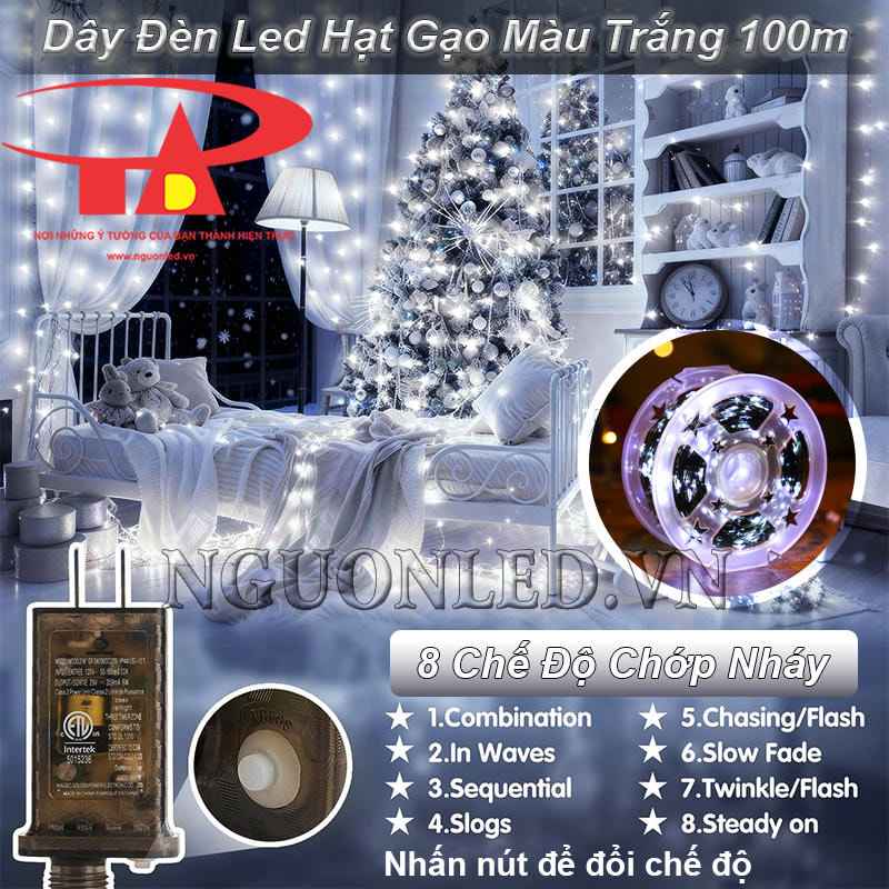Dây đèn led đom đóm màu trắng 100m điều chỉnh 8 chế độ chớp bằng adapter
