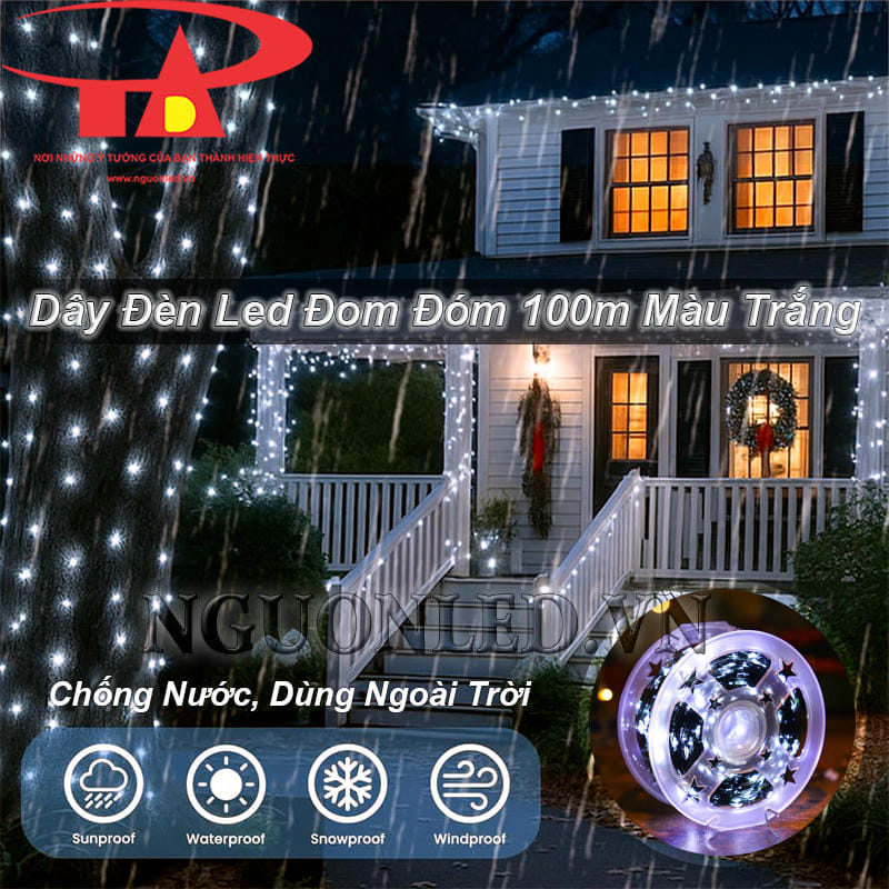 Dây đèn led đom đóm màu trắng 100m chống nước vượt trội, dùng ngoài trời