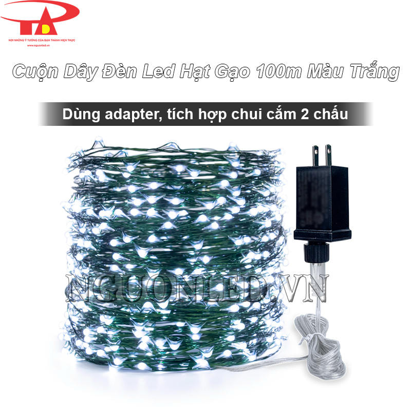 Dây đèn led đom đóm màu trắng 100m dùng adapter tích hợp chui cắm 2 chấu