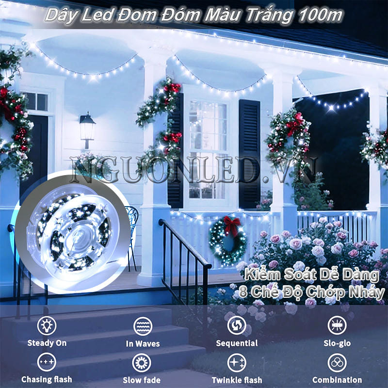 Dây led đom đóm màu trắng 100m kiểm soát dễ dàng với 8 chế độ chớp nháy