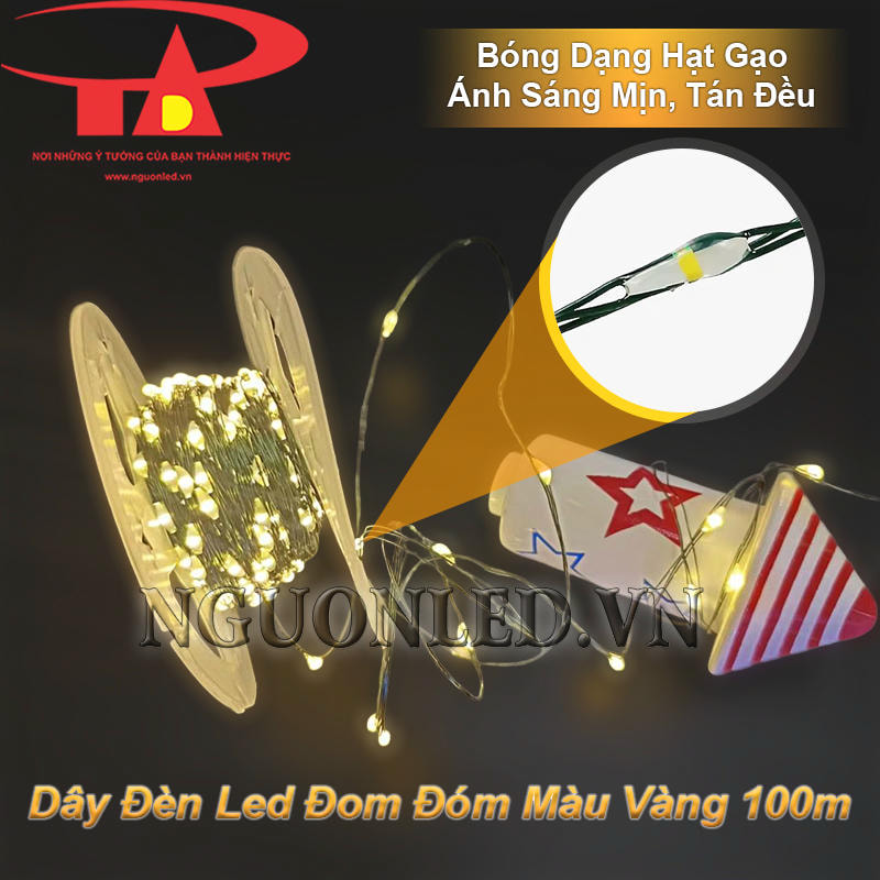 Dây đèn led đom đóm vàng nắng 100m bóng dạng hạt gạo, cho ánh sáng mịn, tán đều