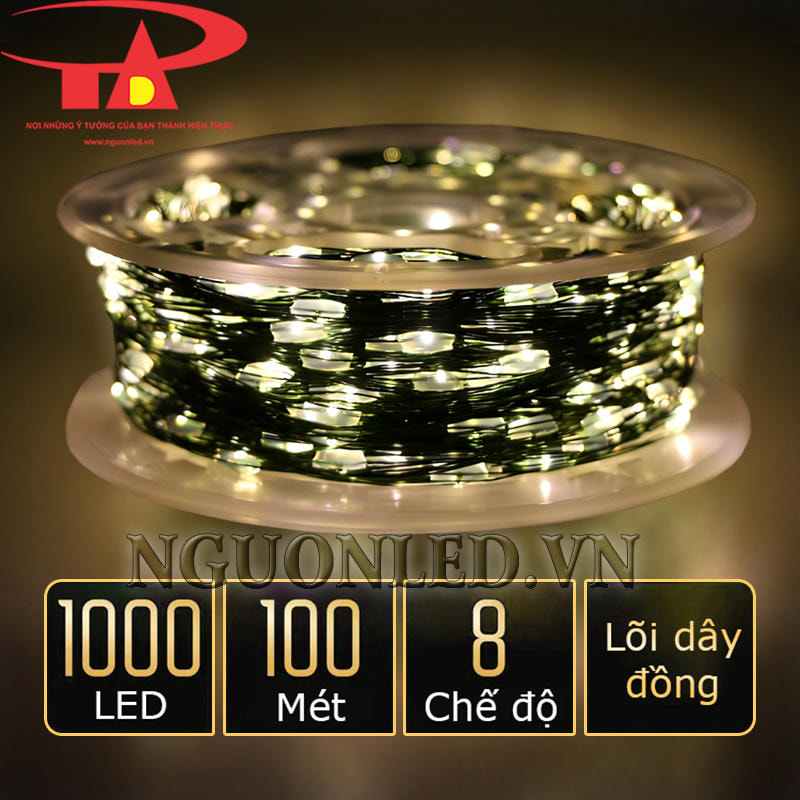 Dây đèn led hạt gạo 100m màu vàng với 1000 chip led, lõi dây đồng cao cấp,  8 chế độ chớp đa dạng