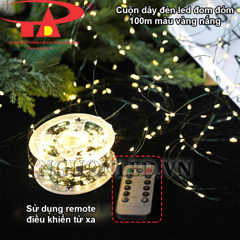 Dây đèn led đom đóm vàng nắng 100m dùng remote điều khiển