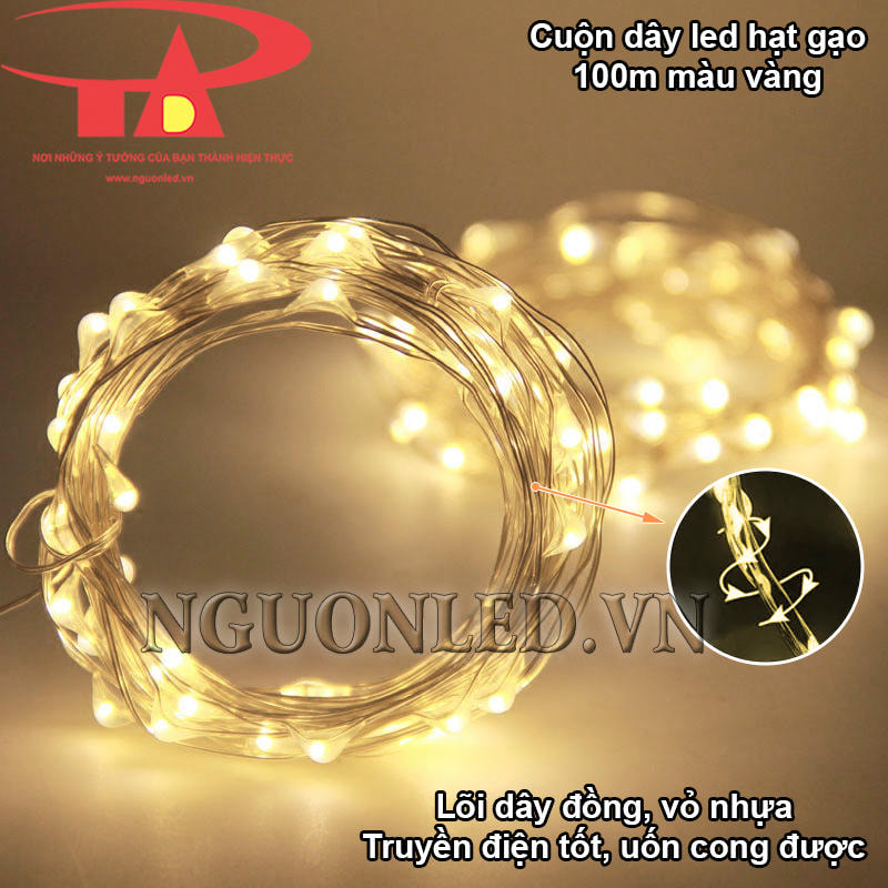 Dây đèn led hạt gạo màu vàng 100m dễ uốn cong và tạo hình, lõi dây đồng dẫn điện tốt