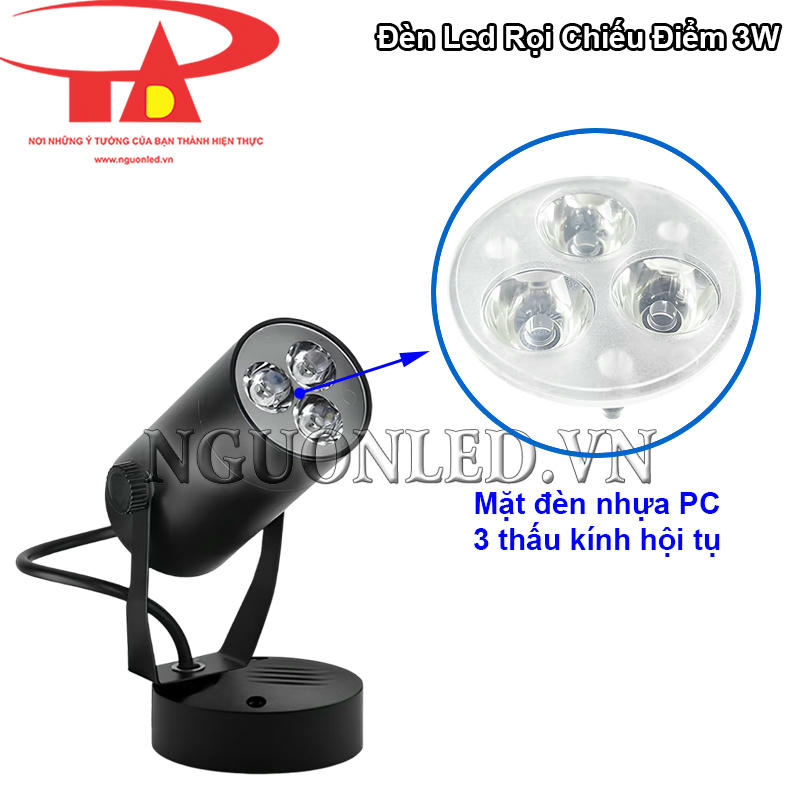 Đèn led rọi đế ngồi 3W tích hợp 3 thấu kính hội tụ trên mặt đèn giúp ánh sáng chiếu tập trung
