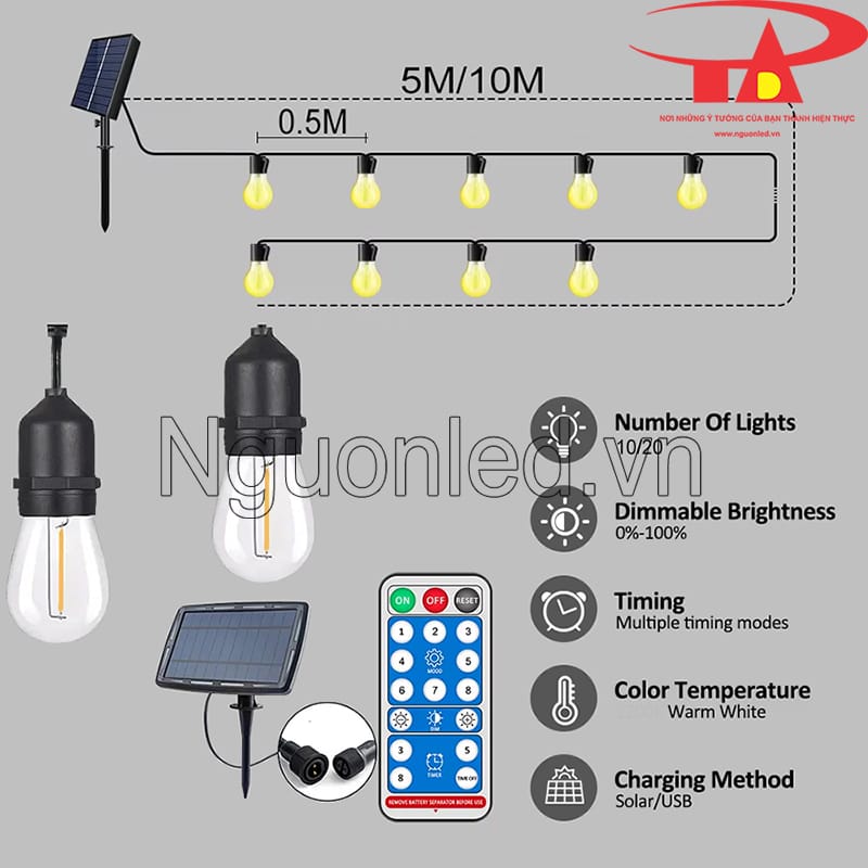 Hẹn giờ tắt tự động - Dây đèn led năng lượng mặt trời 5m 10 bóng