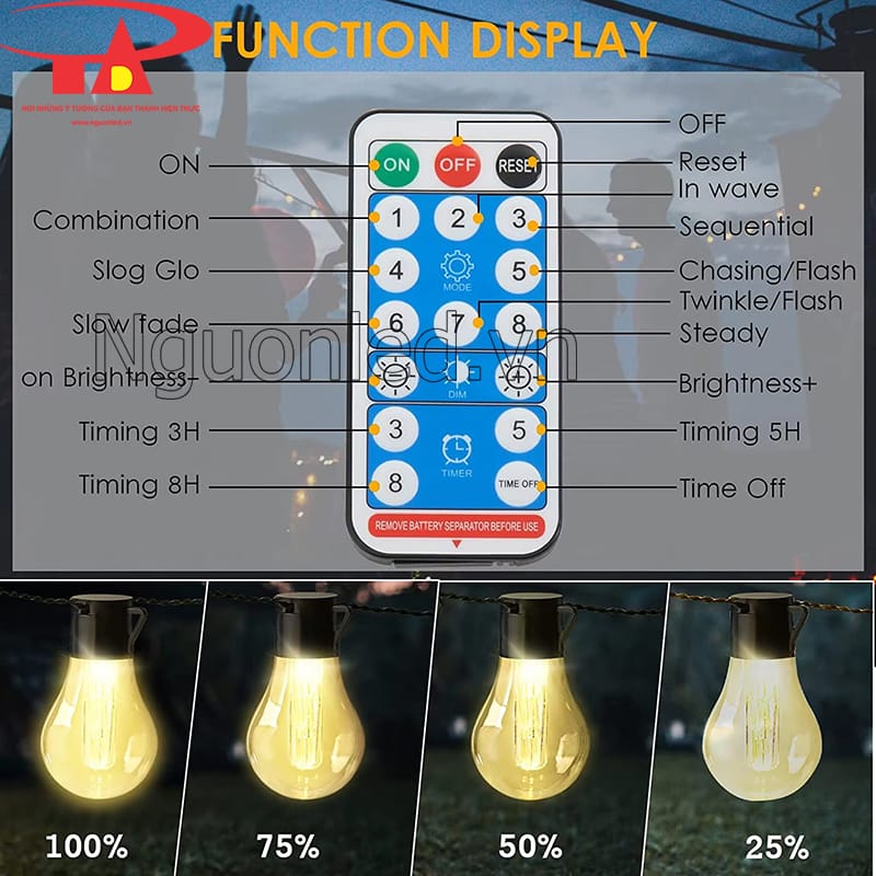 Điều khiển từ xa - Dây đèn led năng lượng mặt trời 5m 10 bóng