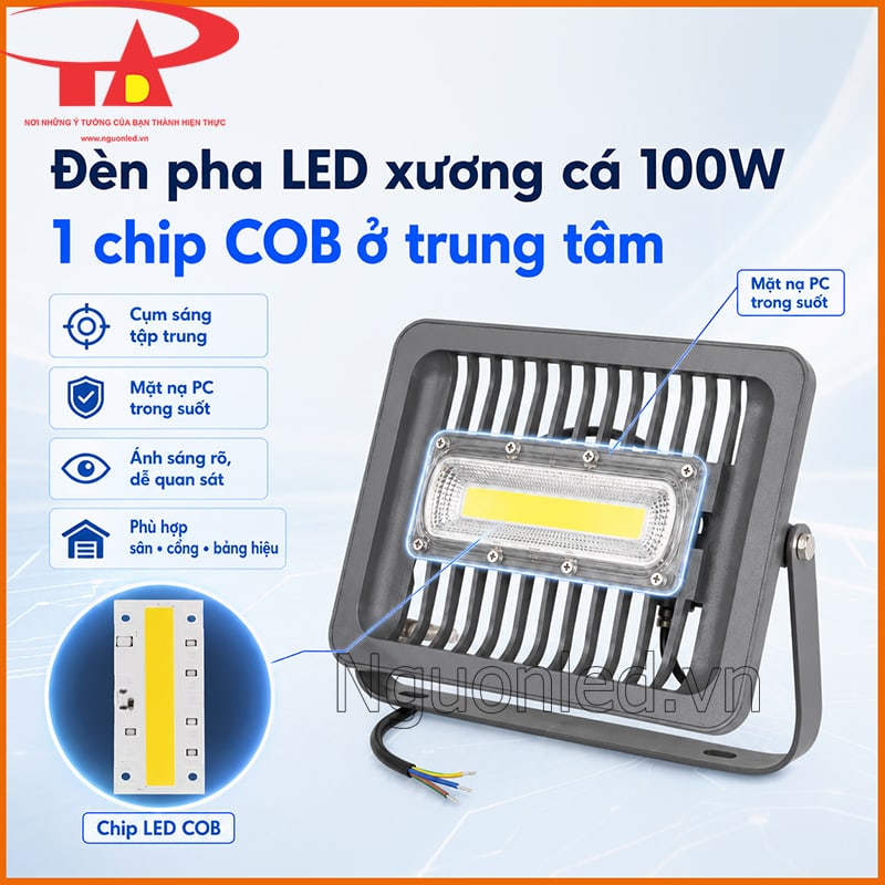 Đèn pha LED COB 100W xương cá với 1 chip COB và mặt nạ PC trong suốt 