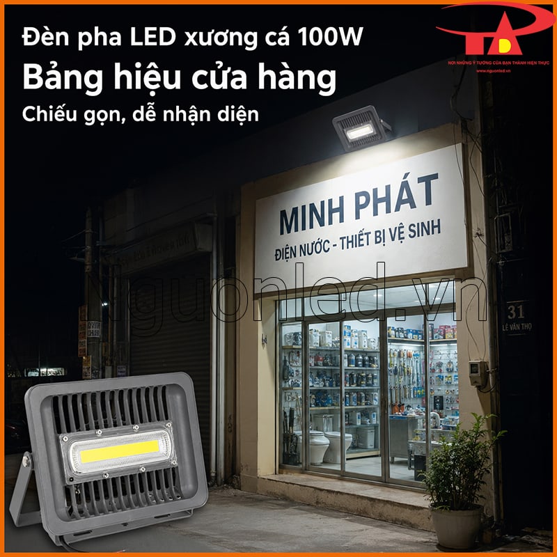 Đèn pha xương cá 100W chiếu sáng bảng hiệu cửa hàng nhỏ vào ban đêm