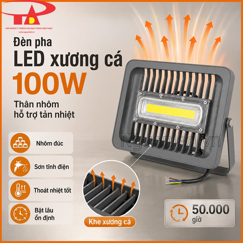 Đèn pha LED 100W xương cá thân nhôm đúc màu xám với khe tản nhiệt phía sau