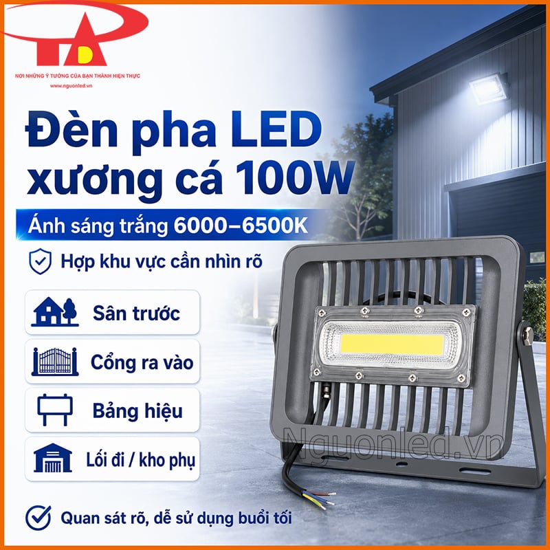 Đèn pha LED xương cá 100W ánh sáng trắng 6000–6500K cho sân, cổng, bảng hiệu và kho phụ