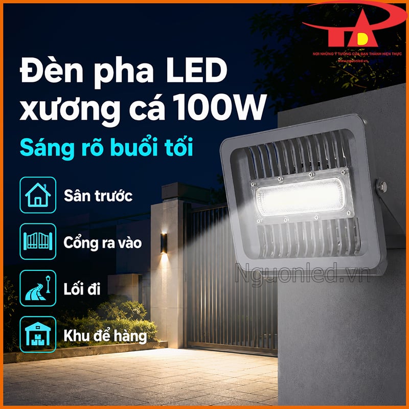 Đèn pha LED xương cá 100W chiếu sáng sân trước, cổng ra vào, lối đi và khu để hàng