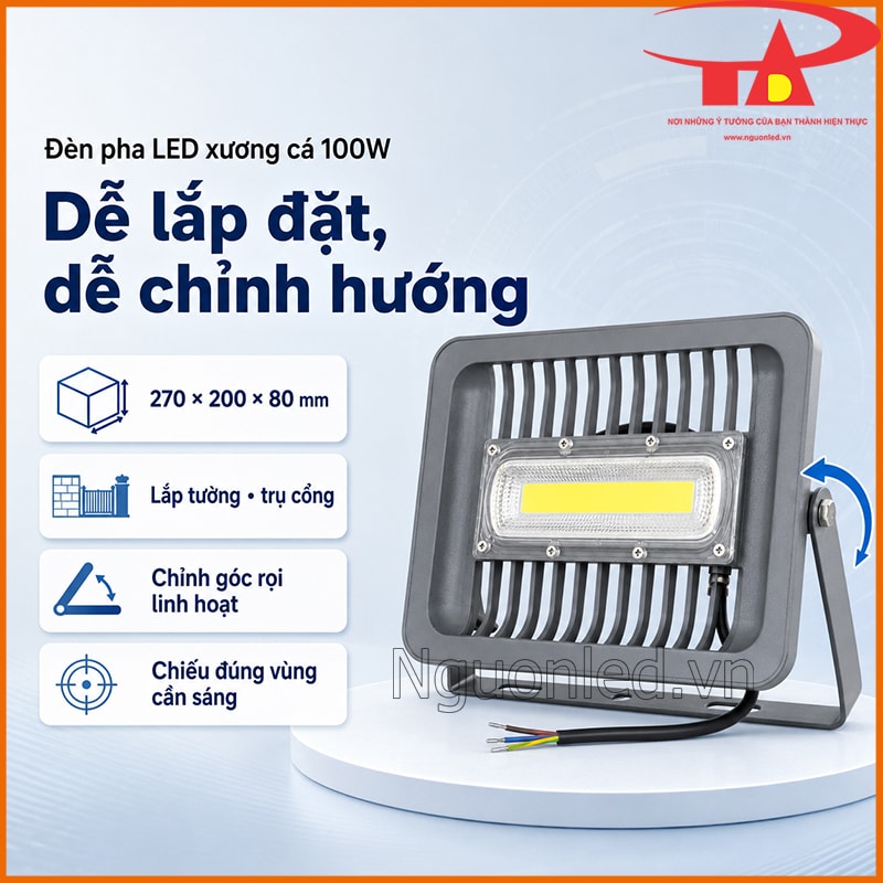 Đèn pha LED xương cá 100W kích thước 270 x 200 x 80 mm với giá đỡ chỉnh góc