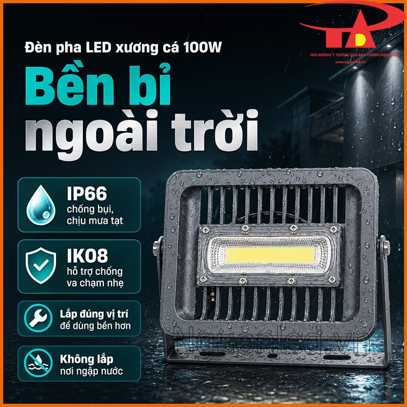 Đèn pha LED xương cá 100W bền bỉ ngoài trời với IP66, IK08 và thân nhôm