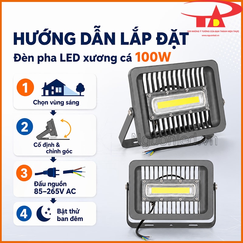 Quy trình lắp đặt đèn pha LED xương cá 100W theo 4 bước kỹ thuật