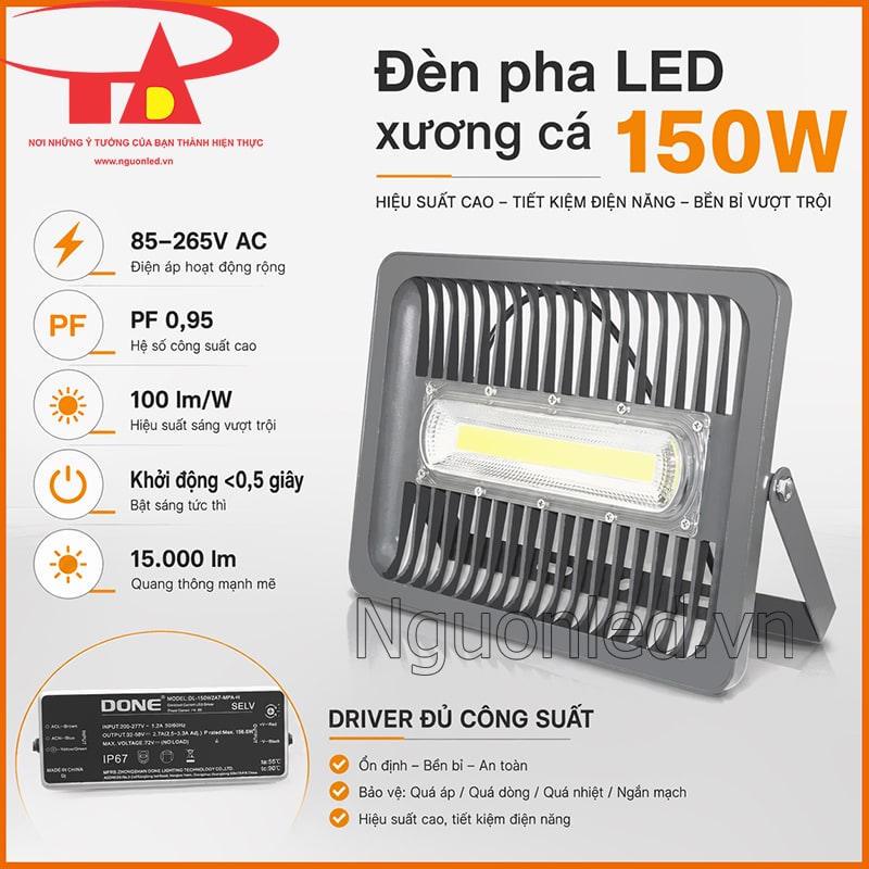 Đèn pha LED 150W xương cá với driver đủ công suất, 100 lm/W và khởi động dưới 0,5 giây