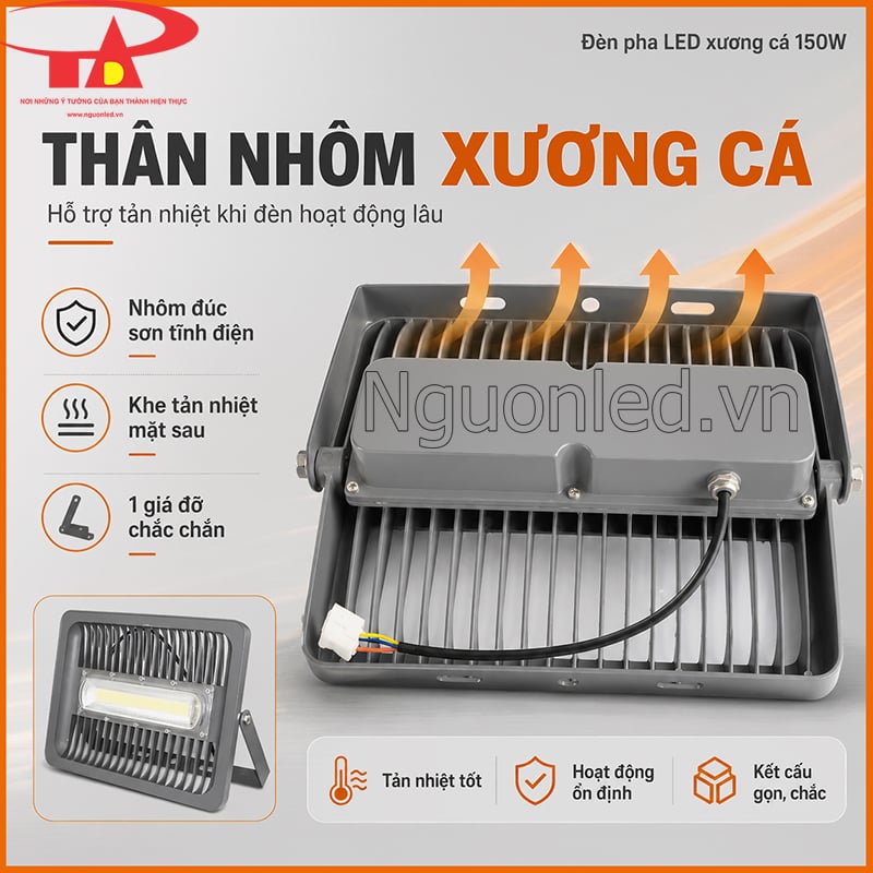 Đèn pha LED 150W xương cá với thân nhôm đúc, khe tản nhiệt và dây nguồn phía sau